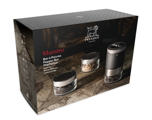 Set met Pepermolen, 2 Potten en 3 Pepervariëteiten, 11 cm, Maestro - Peugeot
