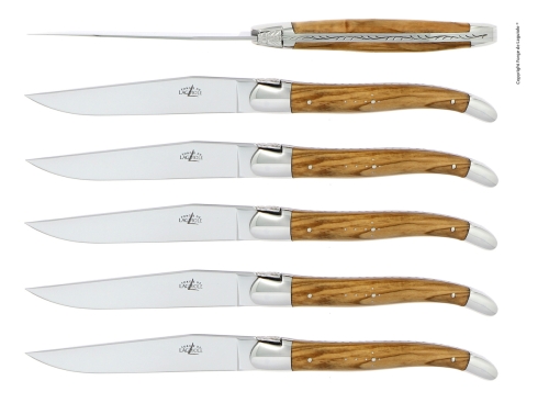 Zes messen, Olijfhouten handvat, gepolijst, Tradition - Forge de Laguiole