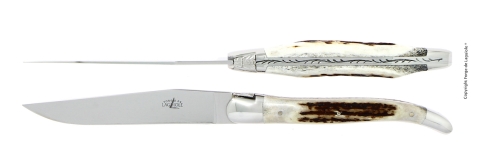 Twee messen, handvat van hertengewei, gepolijst, Tradition - Forge de Laguiole