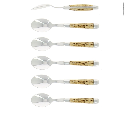 Zes dessertlepels, Berkenhouten handvat, gepolijst, Tradition - Forge de Laguiole