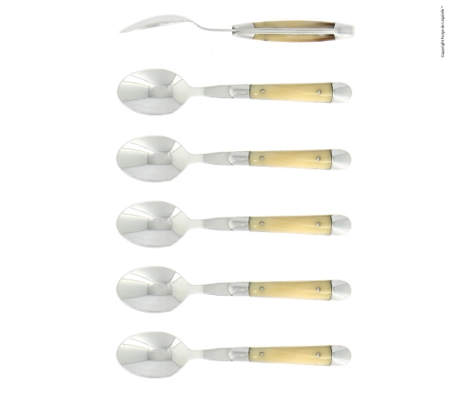 Zes dessertlepels, handvat van helder hoorn, gepolijst, traditie - Forge de Laguiole