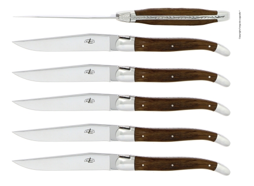 Zes messen, handvat van versteend eikenschors, gepolijst, Tradition - Forge de Laguiole