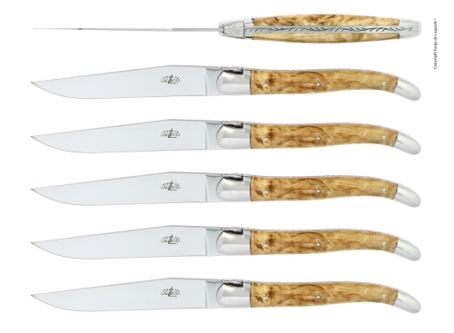 Zes messen, Berkenhouten handvat, gepolijst, Tradition - Forge de Laguiole