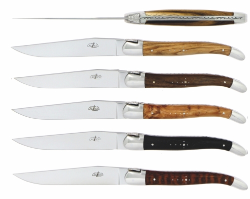 Zes messen, handvatten van verschillende soorten hardhout, gepolijst, Tradition - Forge de Laguiole