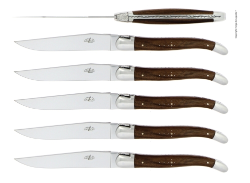 Zes messen, Walnoot handvat, gepolijst, Tradition - Forge de Laguiole