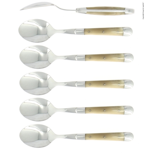 Zes lepels, handvat van blank hoorn, gepolijst, traditie - Forge de Laguiole