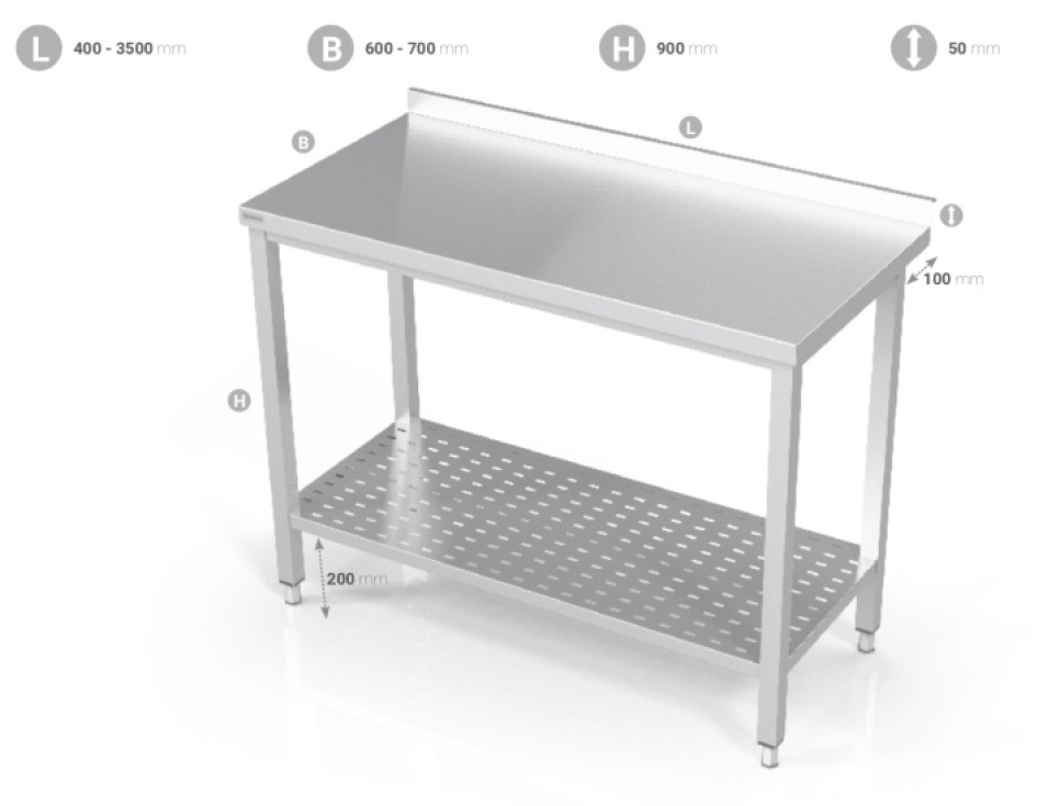 RVS bank met geperforeerde onderste plank in de groep Keuken interieur / Roestvrij stalen interieur / Roestvrij stalen banken bij The Kitchen Lab (1102-21162)