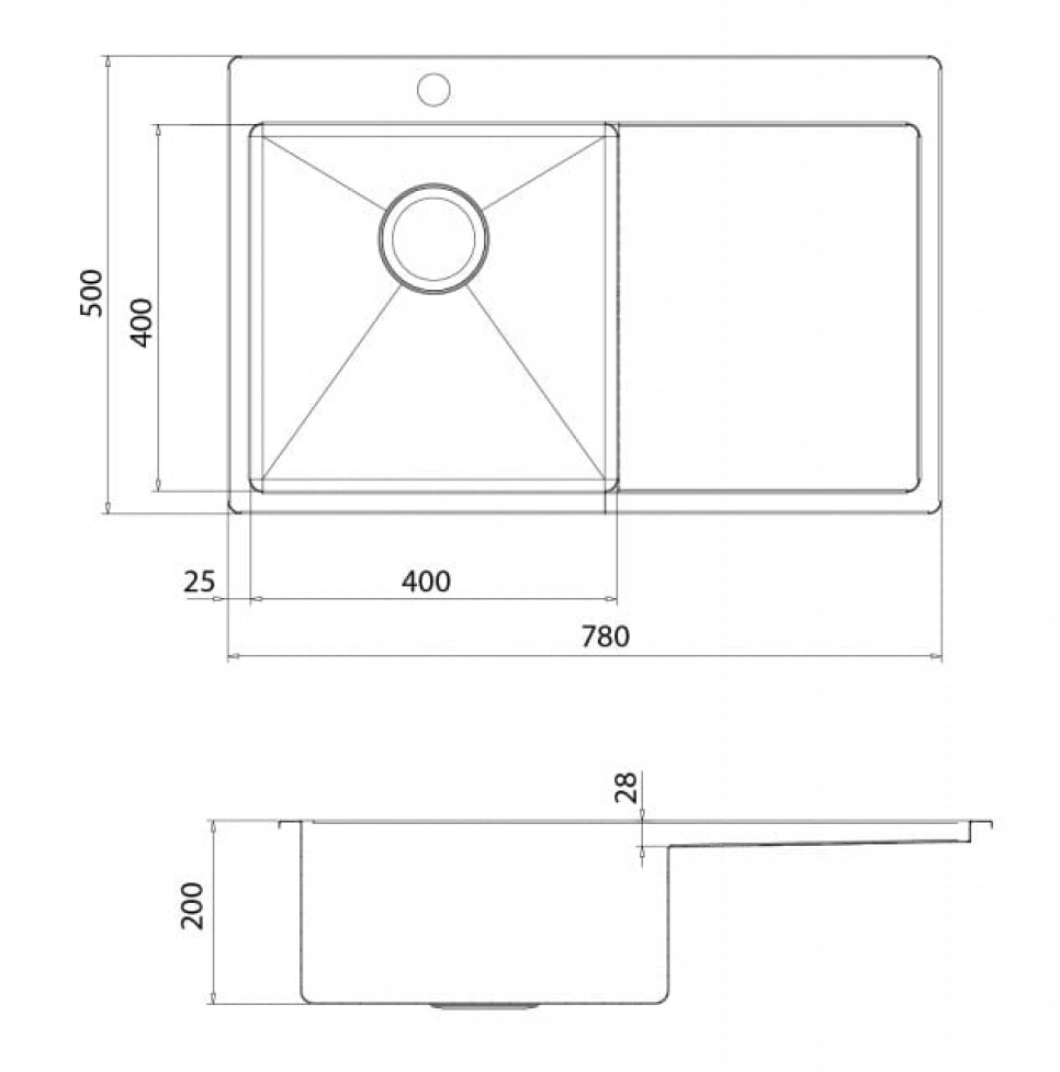 RVS spoelbak 780 x 500 mm met legbord rechts