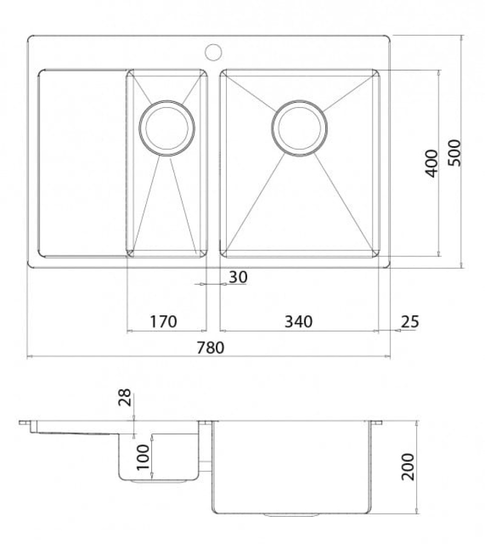 RVS dubbele spoelbak 780 x 500 mm met legbord links