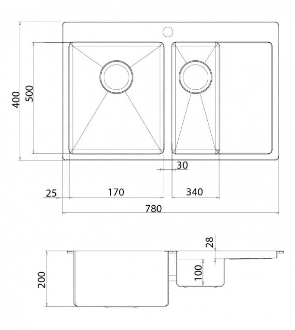 RVS dubbele spoelbak 780 x 500 mm met legbord rechts RVS dubbele spoelbak 780 x 500 mm met legbord rechts