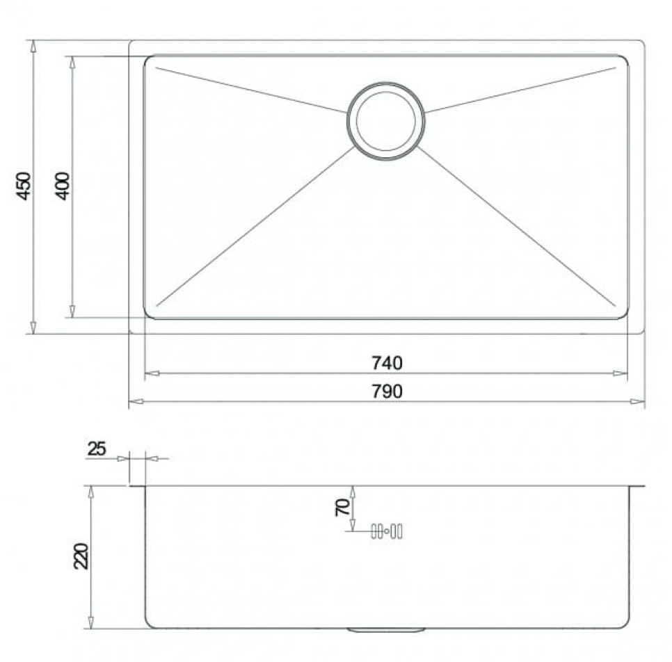 RVS spoelbak 790 x 450 mm