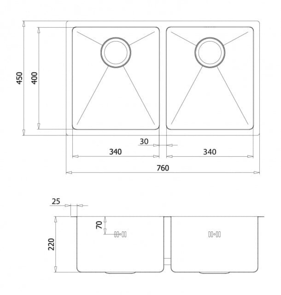 RVS dubbele spoelbak 760 x 450 mm RVS dubbele spoelbak 760 x 450 mm