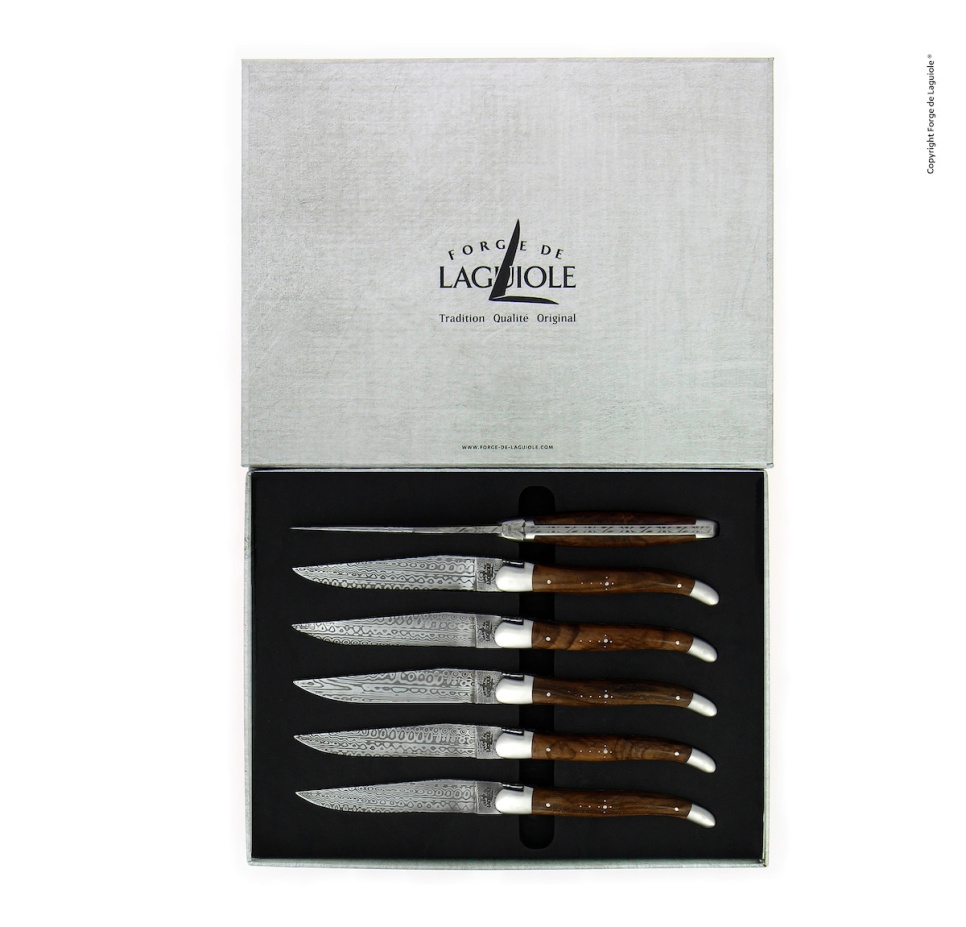 Zes messen, Walnoot handvat, damast mat, Collectie - Forge de Laguiole