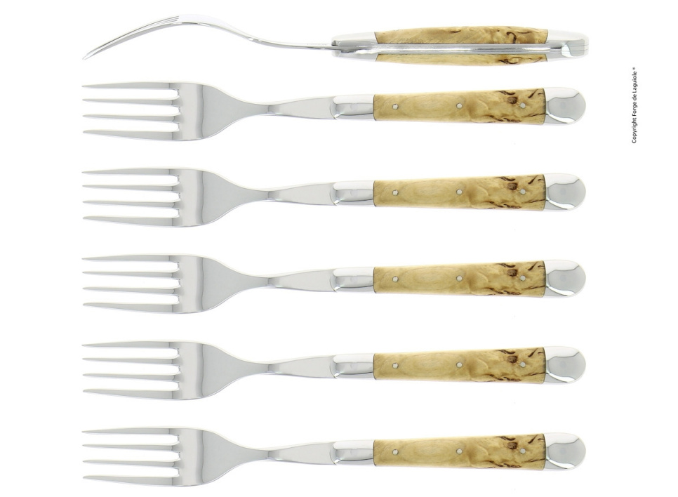 Zes vorken, Berkenhouten handvat, gepolijst, Tradition - Forge de Laguiole in de groep Tafelschikking / Bestek / Vorken bij The Kitchen Lab (1446-32923)