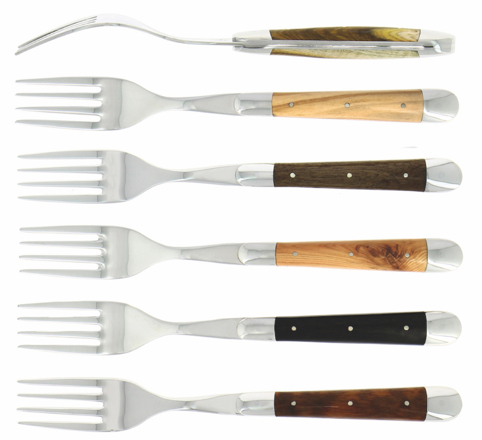 Zes vorken, handvatten in verschillende soorten hardhout, gepolijst, Tradition - Forge de Laguiole in de groep Tafelschikking / Bestek / Vorken bij The Kitchen Lab (1446-32929)