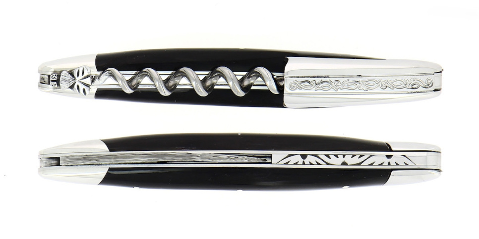 Donker hoornen sommeliermes, gedamasceerd met decoratie, Collectie - Forge de Laguiole