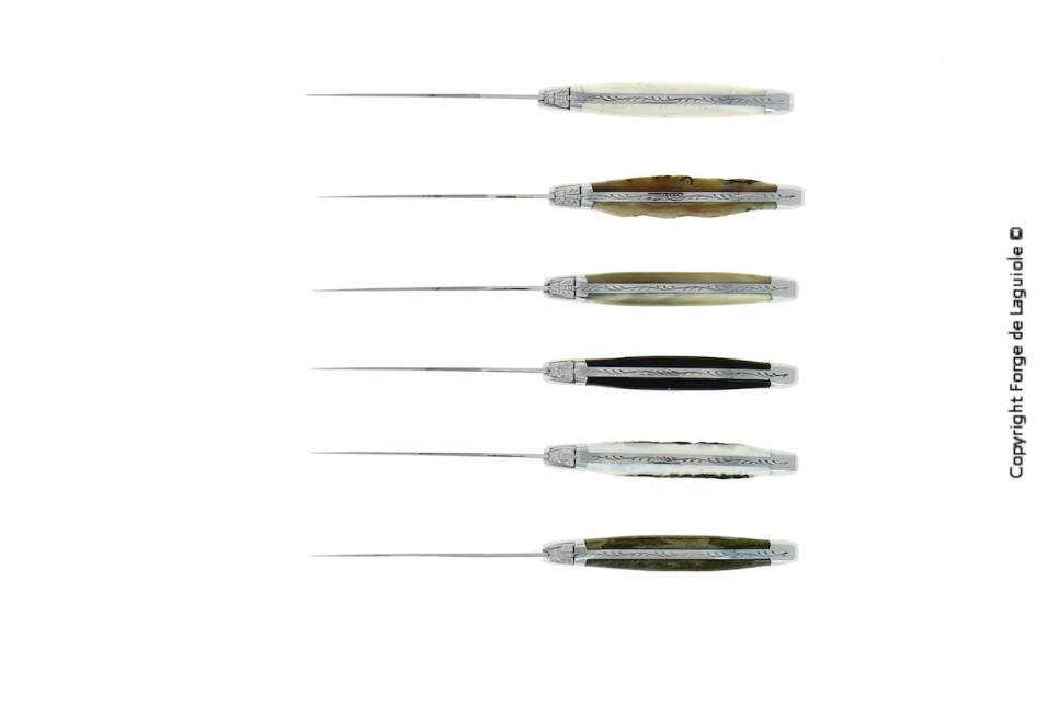 Zes messen, handvatten van verschillende dierlijke materialen, gepolijst, Tradition - Forge de Laguiole