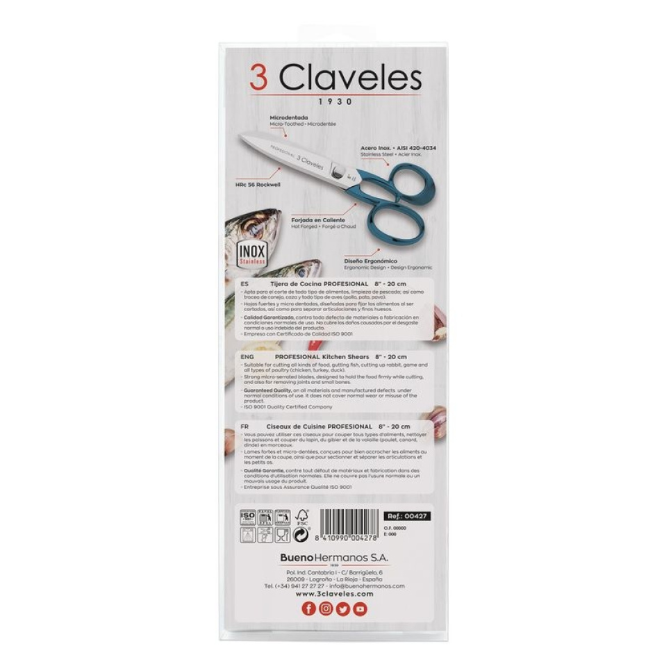 Professionele keukenschaar in RVS, Blauw - 3 Claveles