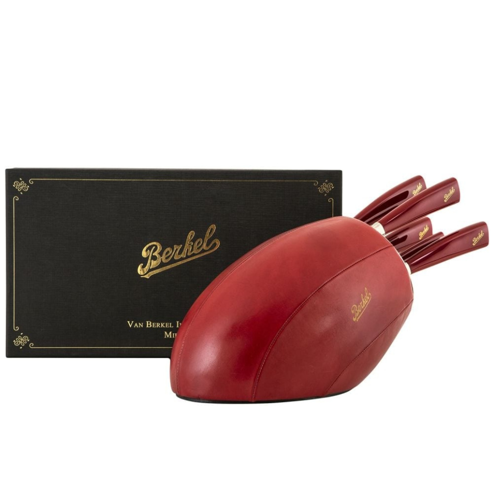 Messenblok in leer met vijf messen, Elegance Red - Berkel
